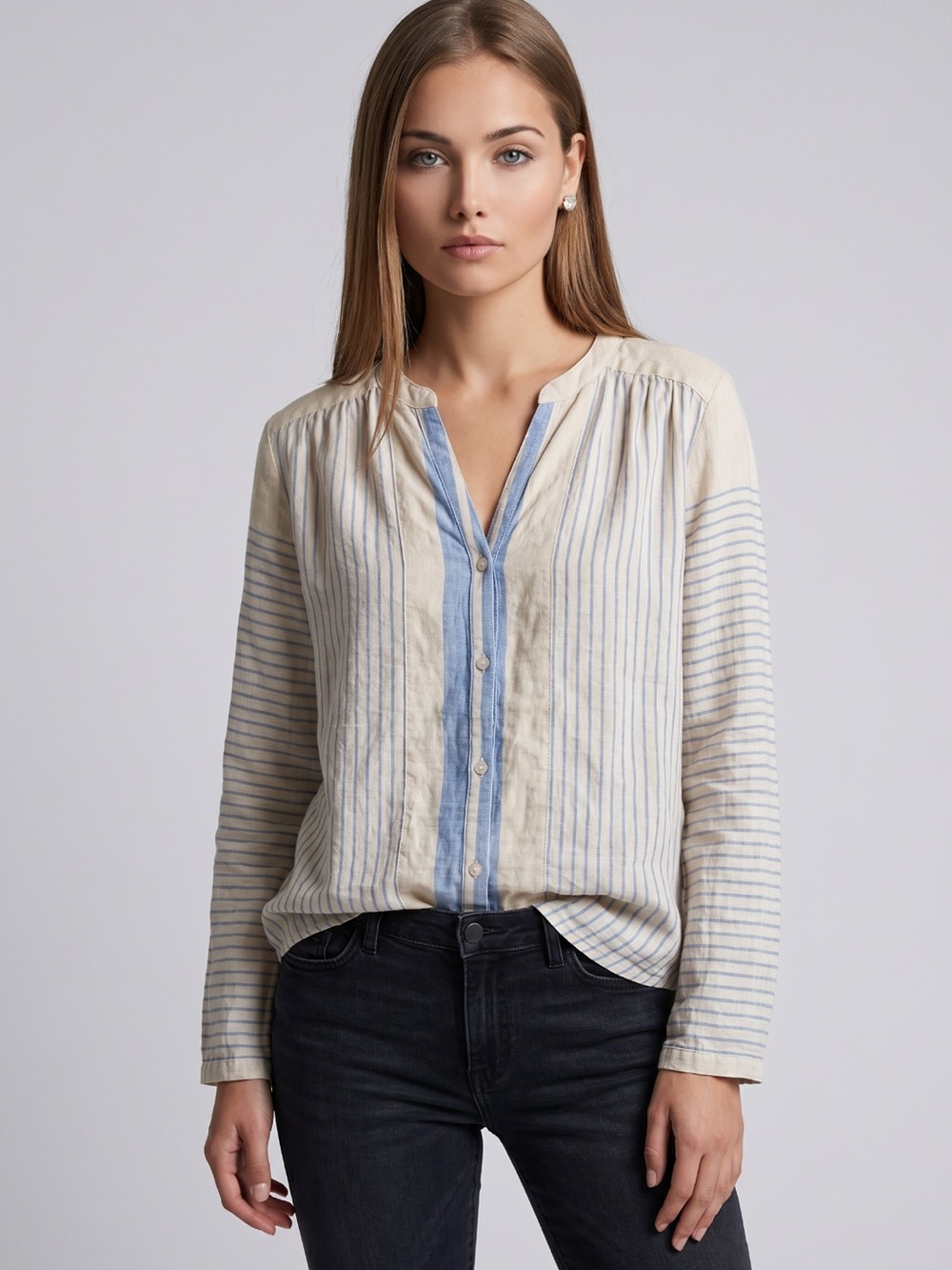 🌻Soft Joie Striped Textured Cotton Blouse Boho Split Neck Top Size Large